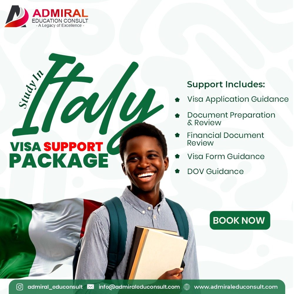 Visa Support Package flyer: visa application guidance, document preparation and review, financial document review, visa form guidance and DOV guidance.