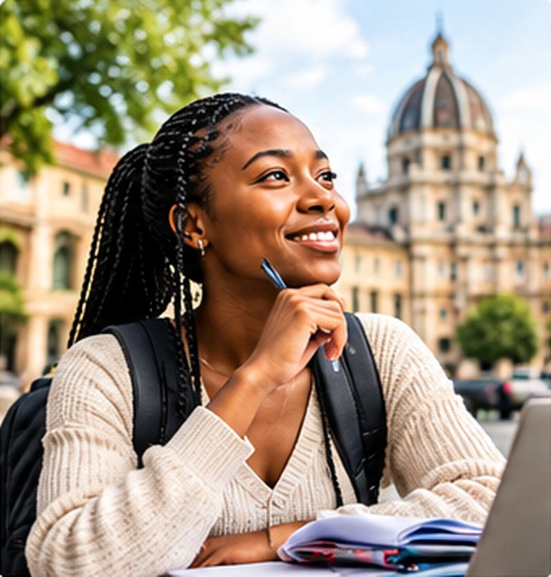 Smiling student with a laptop in front of an Italian university building